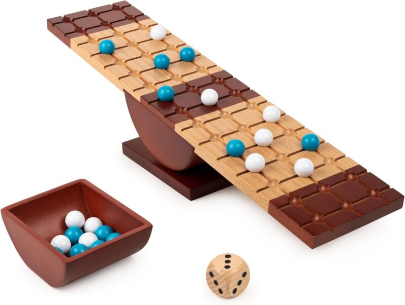 Marble games include this wooden balance board that has slots for blue and white marbles on both sides.