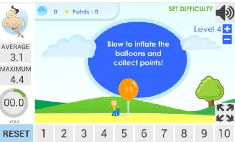 Screenshot of the balloon breathing app, encouraging the user to blow into the balloon slowly to collect points