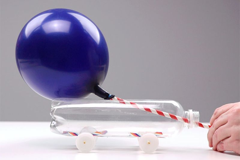 Plastic bottle turned into a balloon-powered car STEM activity