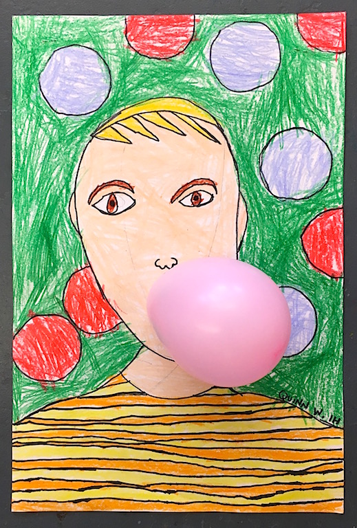 A self portrait is drawn with colored pencil. There are circles around the head and a pink balloon is coming out of the mouth and is supposed to be bubblegum.