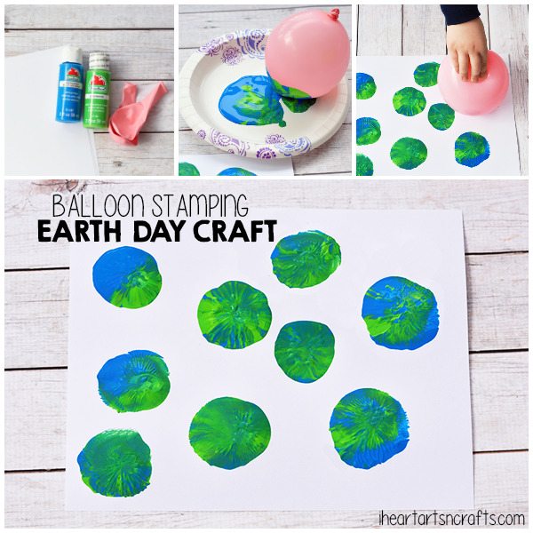 Earth shapes are made from blue and green paint dipped onto a balloon and pressed onto paper.