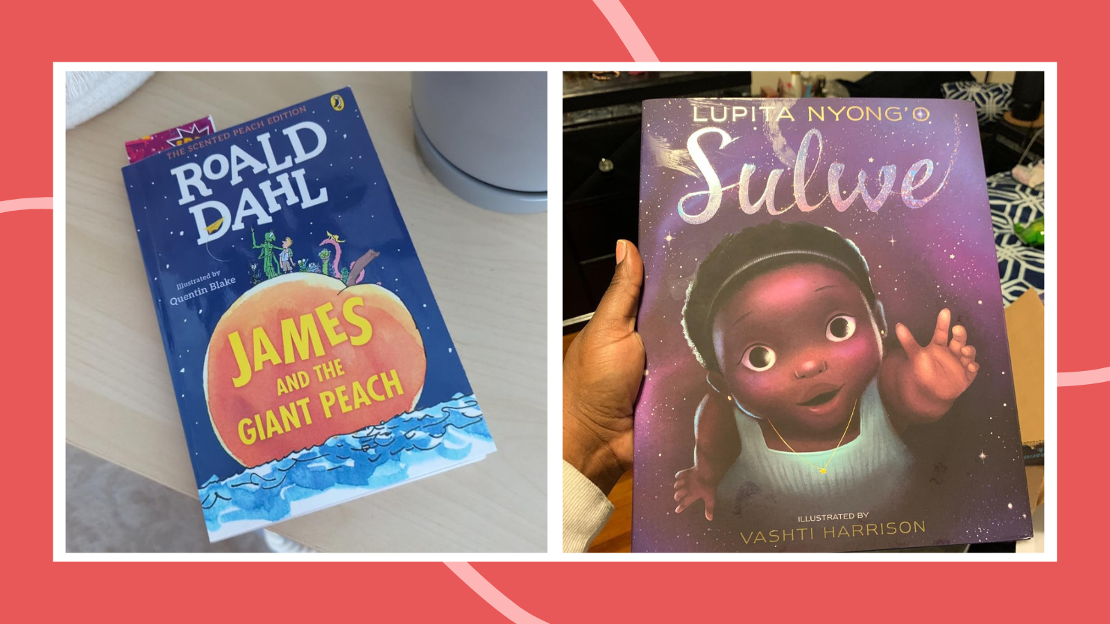 Examples of banned children's books including James and the Giant Peach and Sulwe.