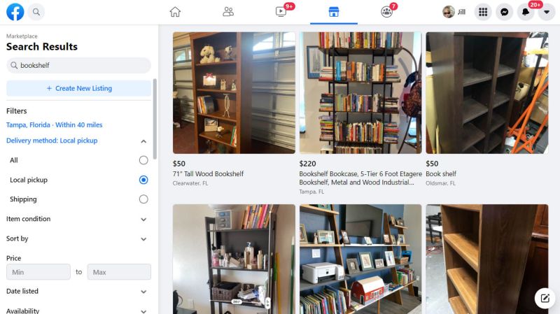 Facebook Marketplace listings for "bookshelf" in Tampa Florida