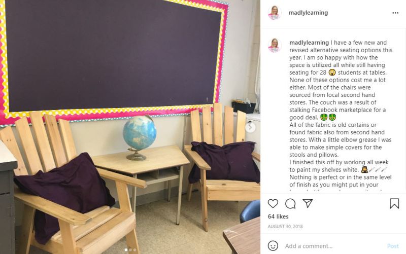 Instagram post of adirondack chairs in a classroom with bulletin board, side table, and globe