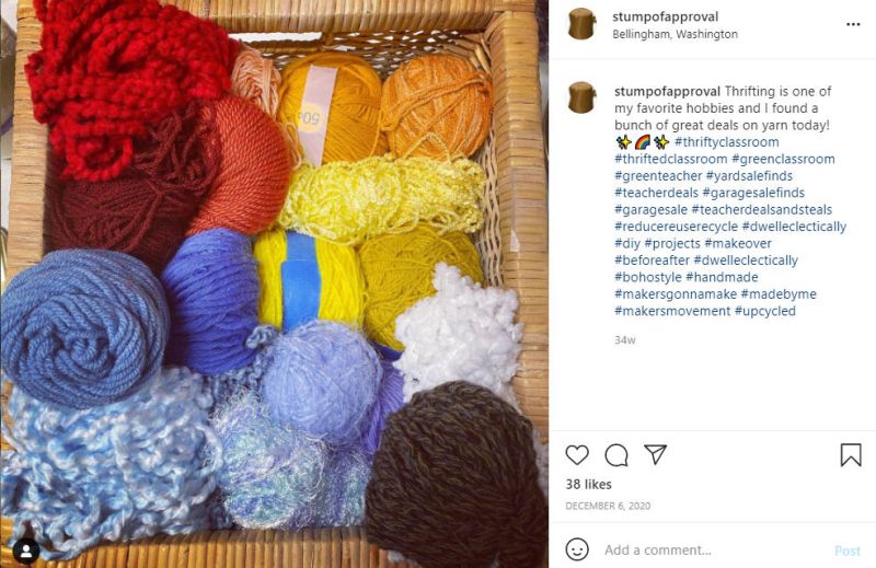 Instagram post featuring large box of yarn odds and ends
