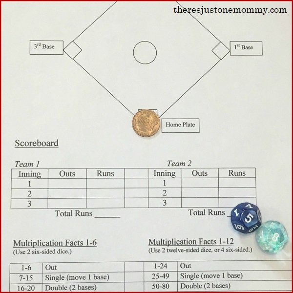 baseball diamond on a print out with dice 