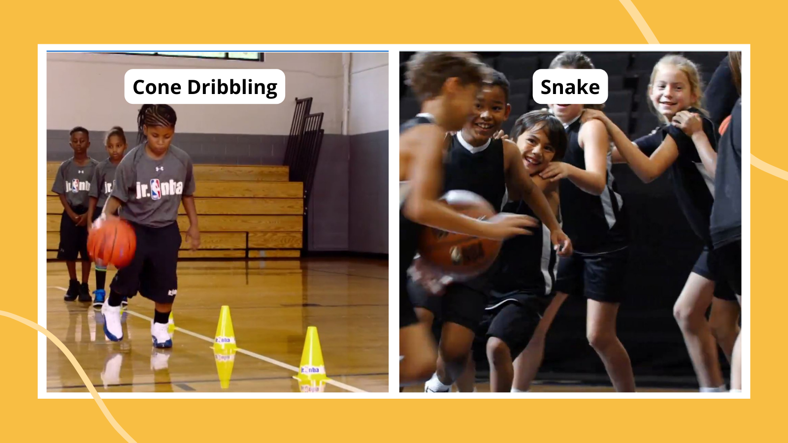 Examples of basketball drills for kids including a group of kids holding on to each other's shoulders to play Snake and a girl dribbling a basketball around cones in a gym.