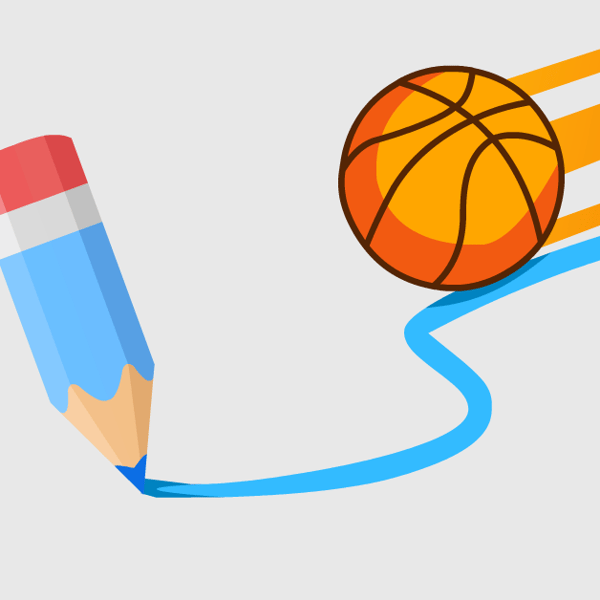 A cartoon basketball is shown following along a blue line coming from a pencil drawing.