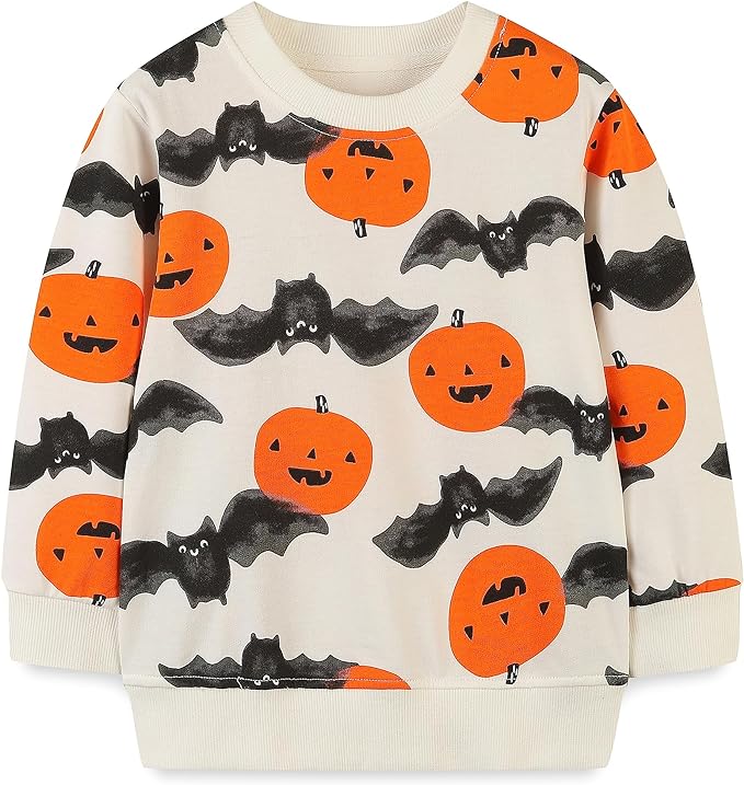 A beige sweatshirt has bats and jack o' lanterns all over it.