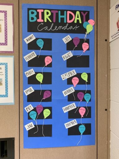 birthday calendar bulletin board with neon balloons