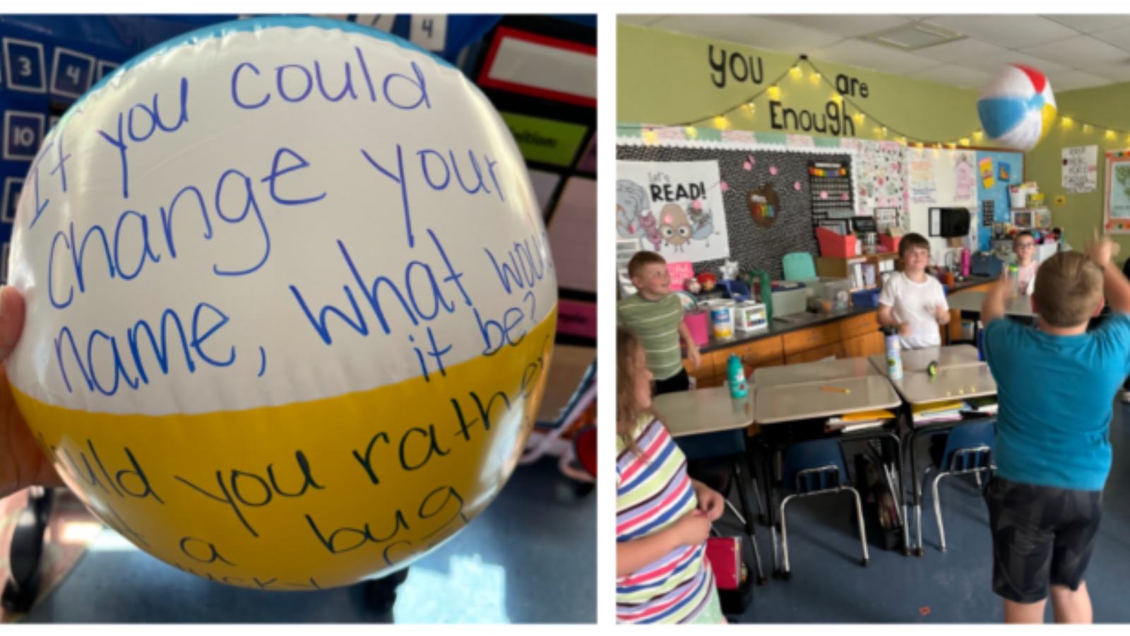 Beach Ball Icebreaker Beach ball with words written on it and kids playing beach ball icebreaker in classroom.