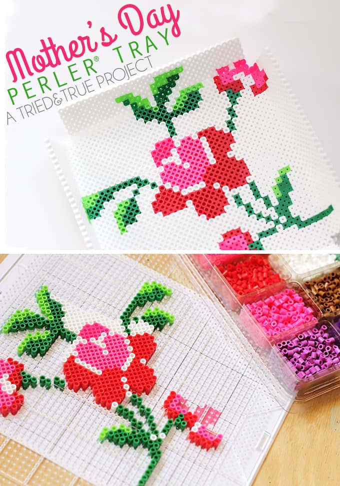 A tray made from melted perler beads is shown. It is white with a pink and red flower on it (mother's day crafts for kids)
