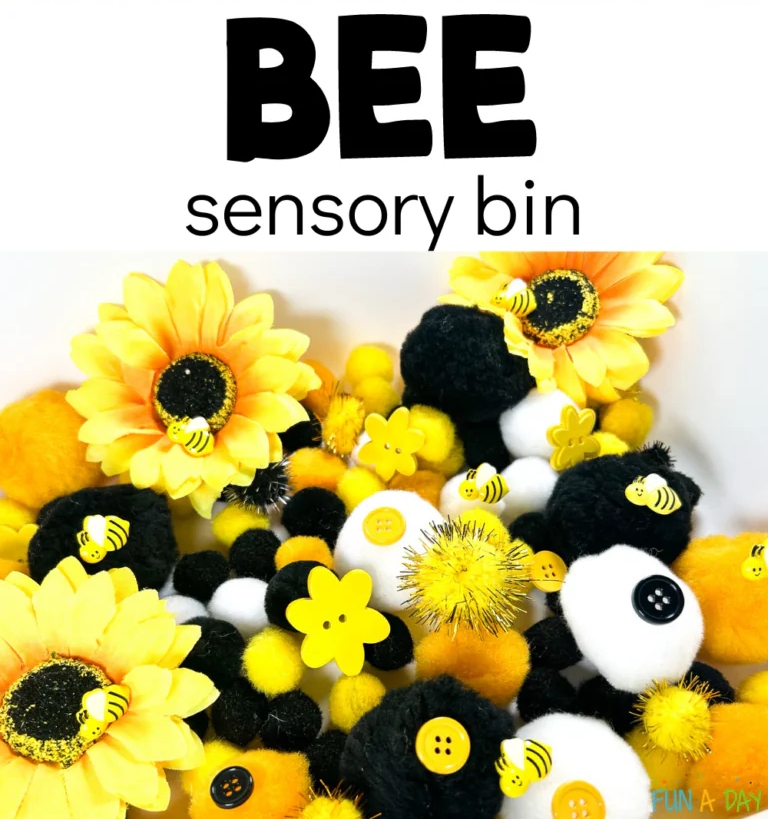 Colorful yellow flowers, white and black pom-poms and plastic bees and buttons fill a preschool sensory bin as an example of spring activities for preschoolers