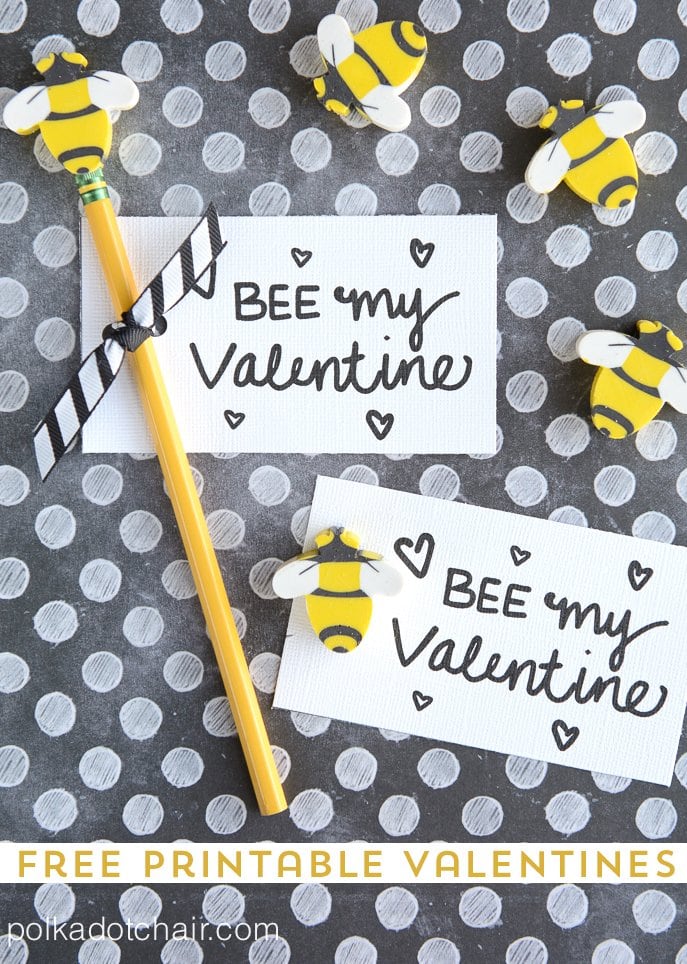 Cute valentine that says "Bee my Valentine" made from a yellow pencil and honey bee eraser