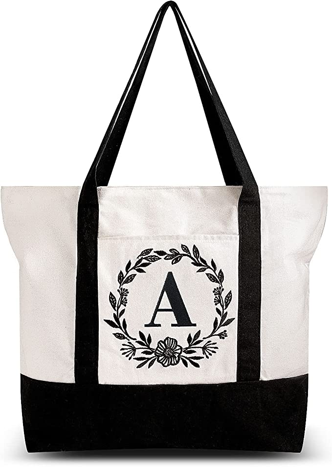 Canvas Tote Bags W/initial Name for Women Gifts Black Beige 