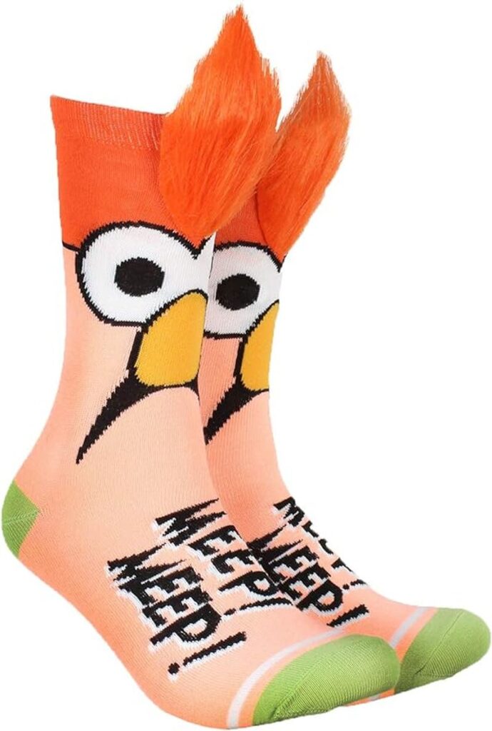 Socks that look like the head of Beeker from the Muppets, with faux fur hair on the top