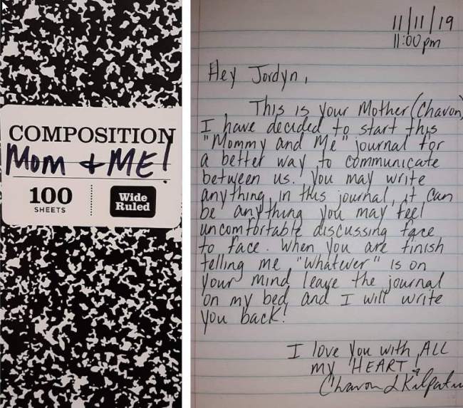 Composition book called Mommy and Me, with a page explaining that a parent and child will use this book to write messages to each other, demonstrating that improving communication is one of the benefits of journaling.