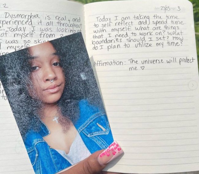 A photograph of a young woman, next to a journal entry discussing self-confidence