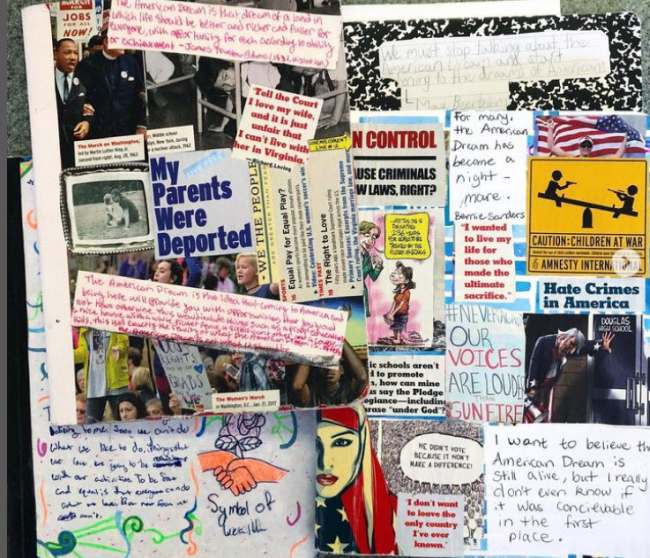 Journal pages showing a collage of headlines and thoughts about the American Dream