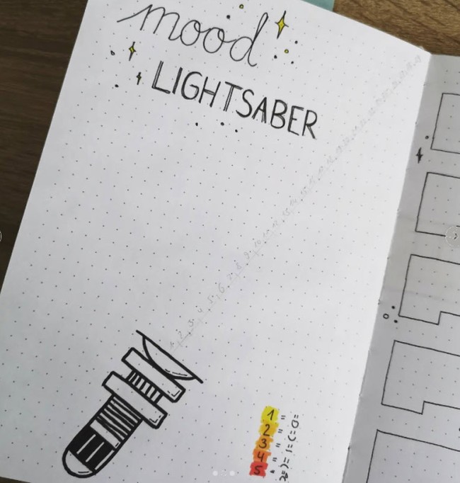 A page from a bullet journal with an illustration of a "mood lightsaber" and color scale key. Regulating emotions is one of the benefits of journaling.