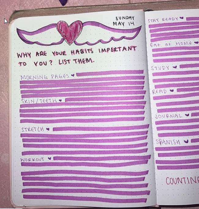 A journal page with purple highlighted lines, reading Why are your habits important to you? List them. 