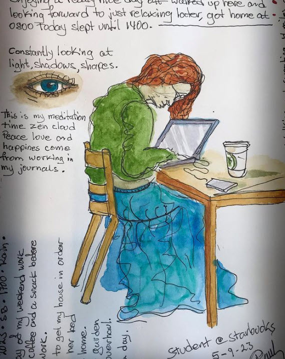 Page from a personal journal with illustrations and notes about how reducing stress is one of benefits of the writer's journaling time