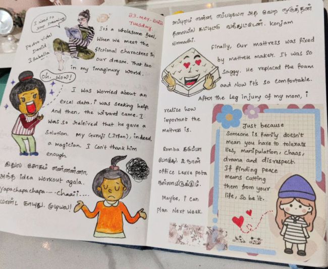 Two page spread of a journal, with illustrations and text.