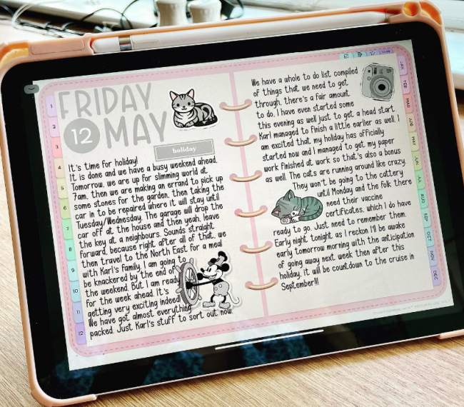 Tablet showing a two-page spread from a person's digital journal