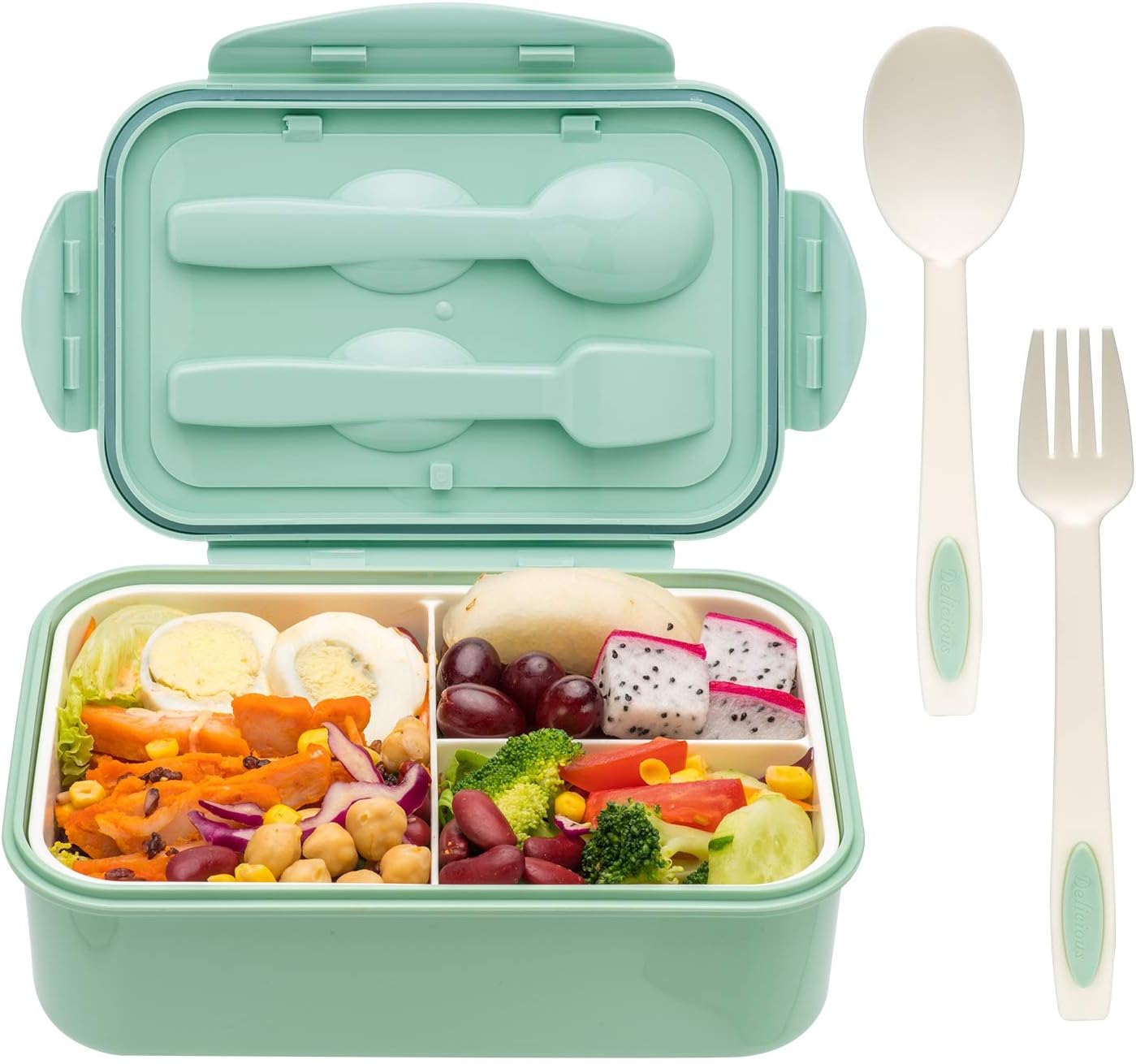 Sage green bento box filled with healthy foods, and a fork and spoon that fit into the lid
