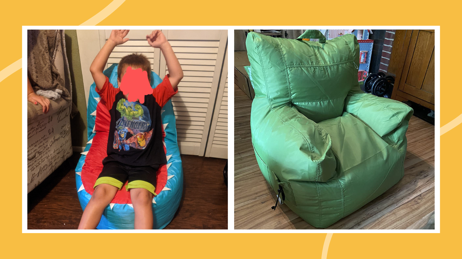 Examples of the best bean bag chairs, including a boy sitting in a shark bean bag chair and a large green bean bag chair.
