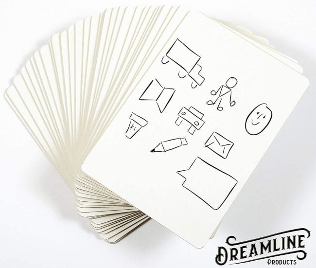 Stack of 30 small dry erase boards with shapes written on the top board