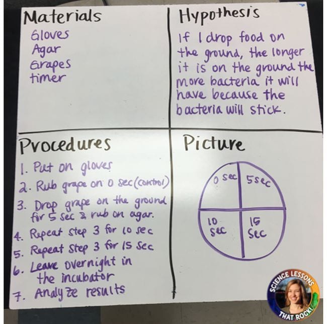 Whiteboard with science experiment written out, including materials, hypothesis, and procedures
