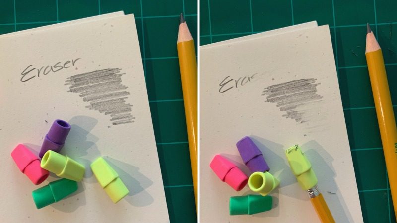 Side-by-side photos of Office Depot eraser caps showing how well they work 