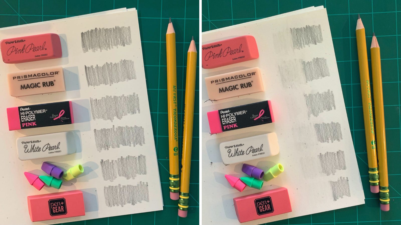 Six erasers lined up next to pencil marks, showing how well each one works (Best Erasers)