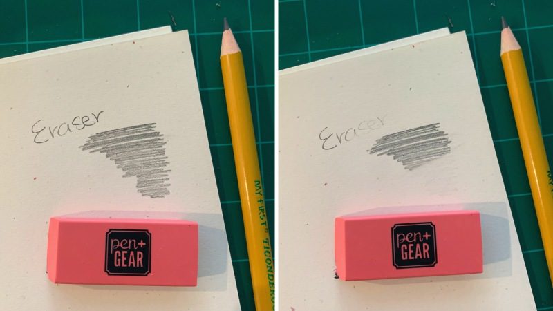 Side-by-side photos showing how well Pen+Gear erasers work (Best Erasers)