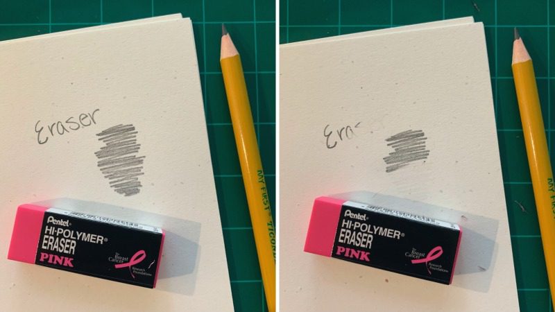 Side-by-side photos showing how well Pentel Hi-Polymer erasers work (Best Erasers)