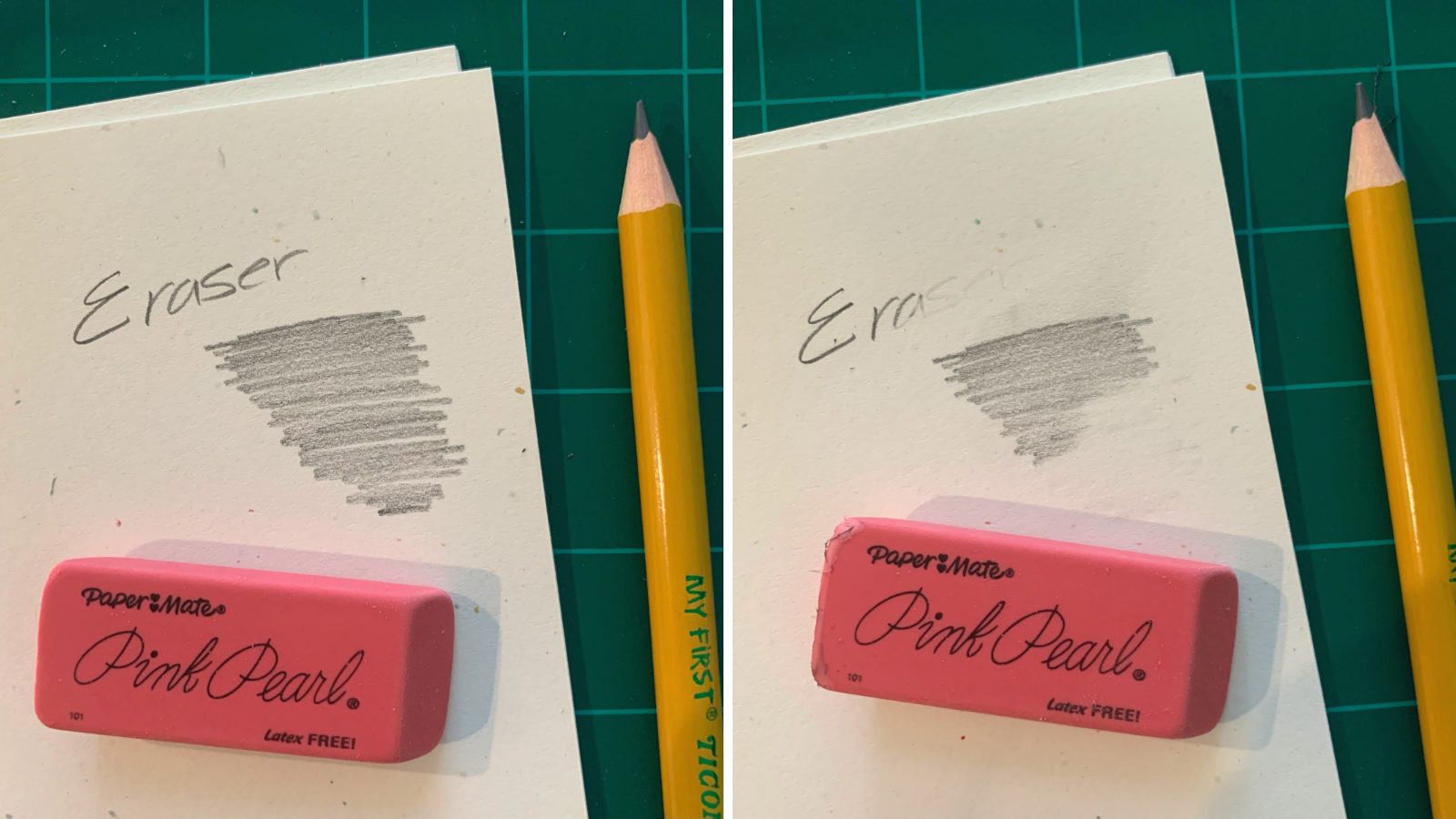Side-by-side photos of a Pink Pearl eraser, showing how well it works (Best Erasers)