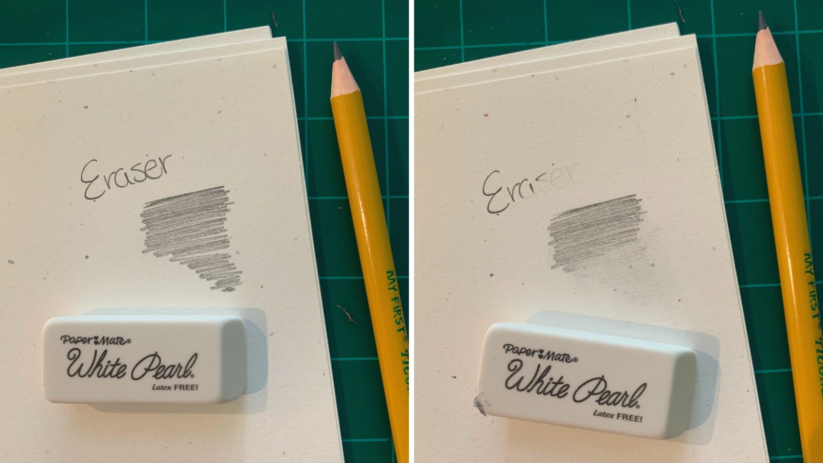 Side-by-side photos showing how well Paper Mate White Pearl erasers work (Best Erasers)