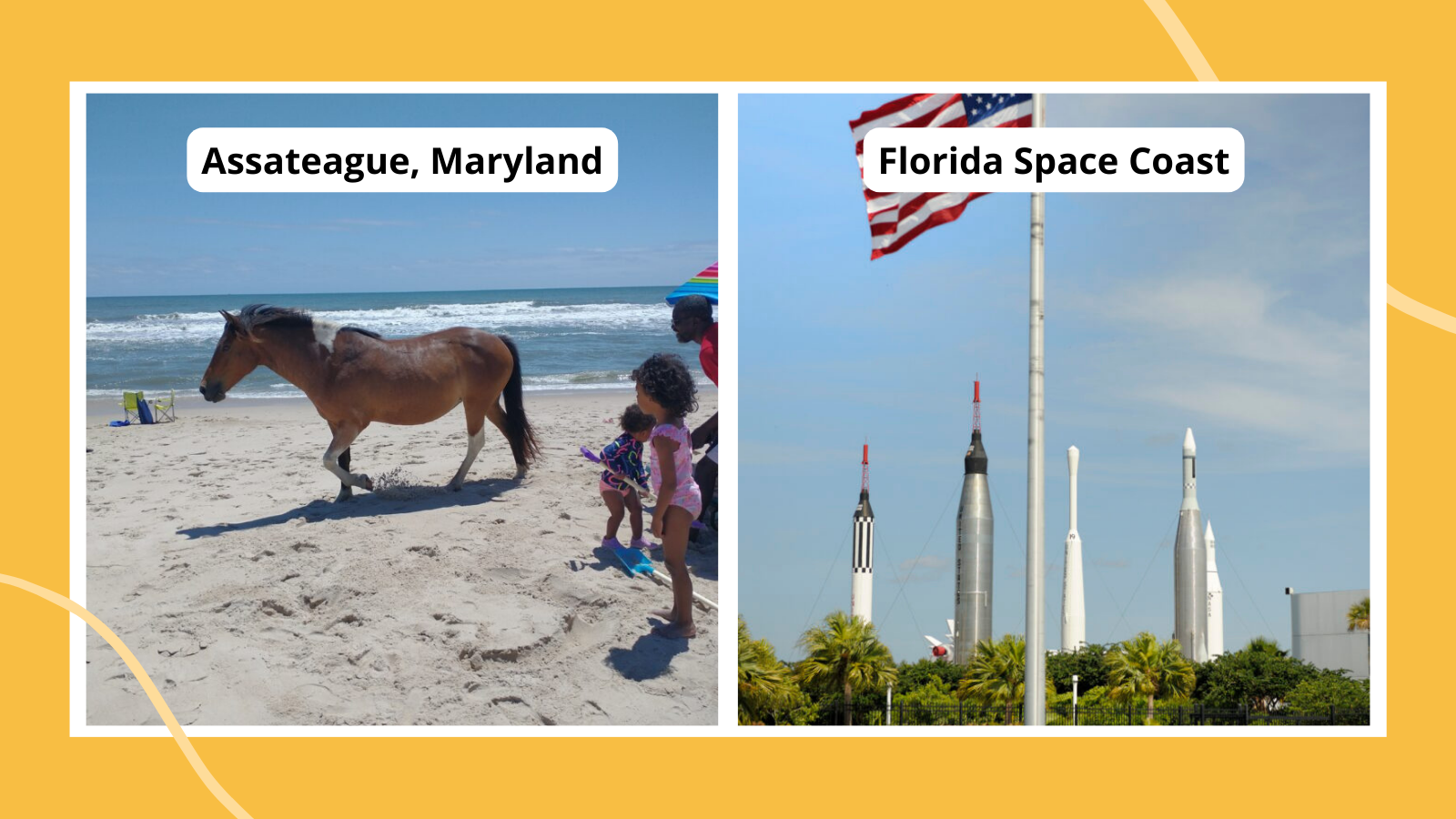 Examples of best family vacations, including horse running on beach in Assateague, MD and rockets and American flag at Florida Space Coast.