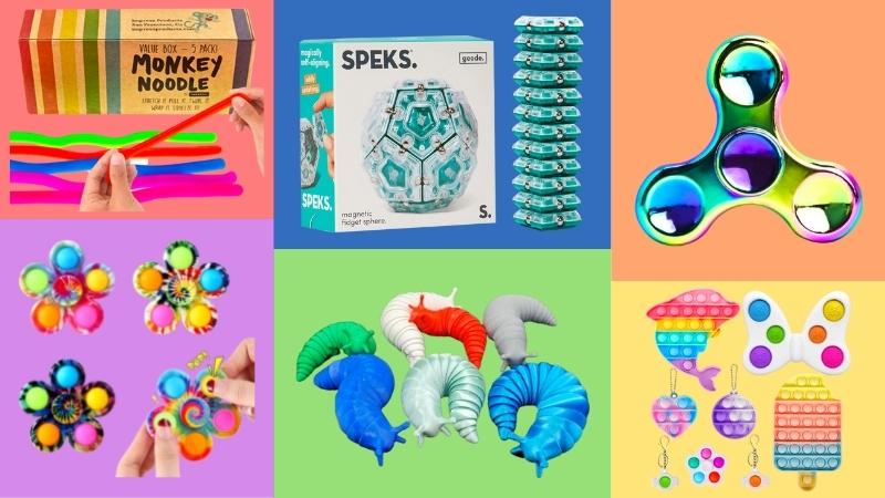 Collage of fidget toys including fidget spinner, pop its, slugs, stretchy toys, and magnet blocks