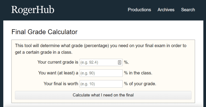 Screenshot of RogerHub grade calculator
