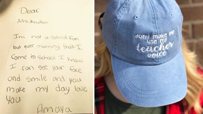Student note to teacher and a hat that says 'Don't make me use my teacher voice'