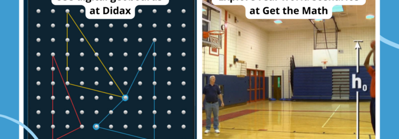 Collage of math websites, including an online geoboard from Didax and still from a basketball video at Get the Math