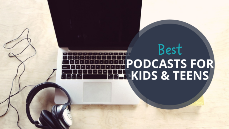 A laptop computer and headphones, with text reading Best Podcasts for Kids & Teens