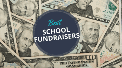 Pile of American paper money with text reading Best School Fundraisers (Fundraising Ideas for Schools)