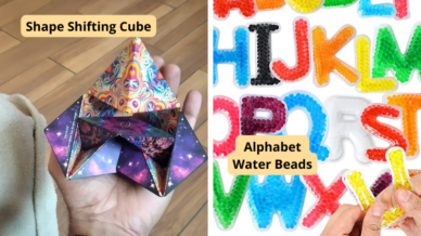 Best sensory toys including a hand holding a shape shifting cube and a hand squishing water bead alphabet letters
