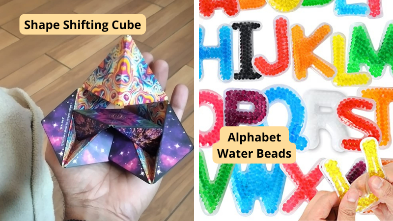 Best sensory toys including a hand holding a shape shifting cube and a hand squishing water bead alphabet letters