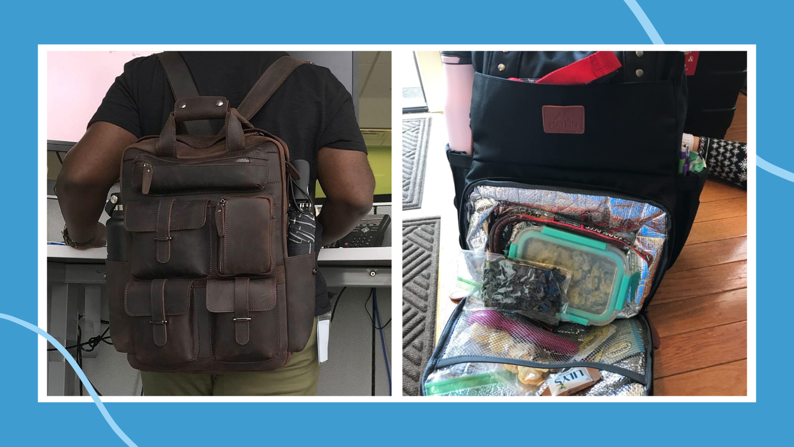 Collage of teacher backpacks, including brown leather bag and black bag with built-in lunch compartment