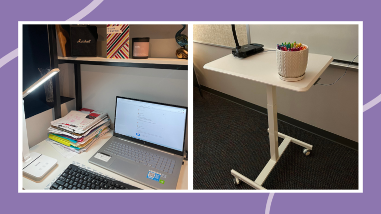 Examples of best teacher desks including a white rolling desk and a desk with shelves.