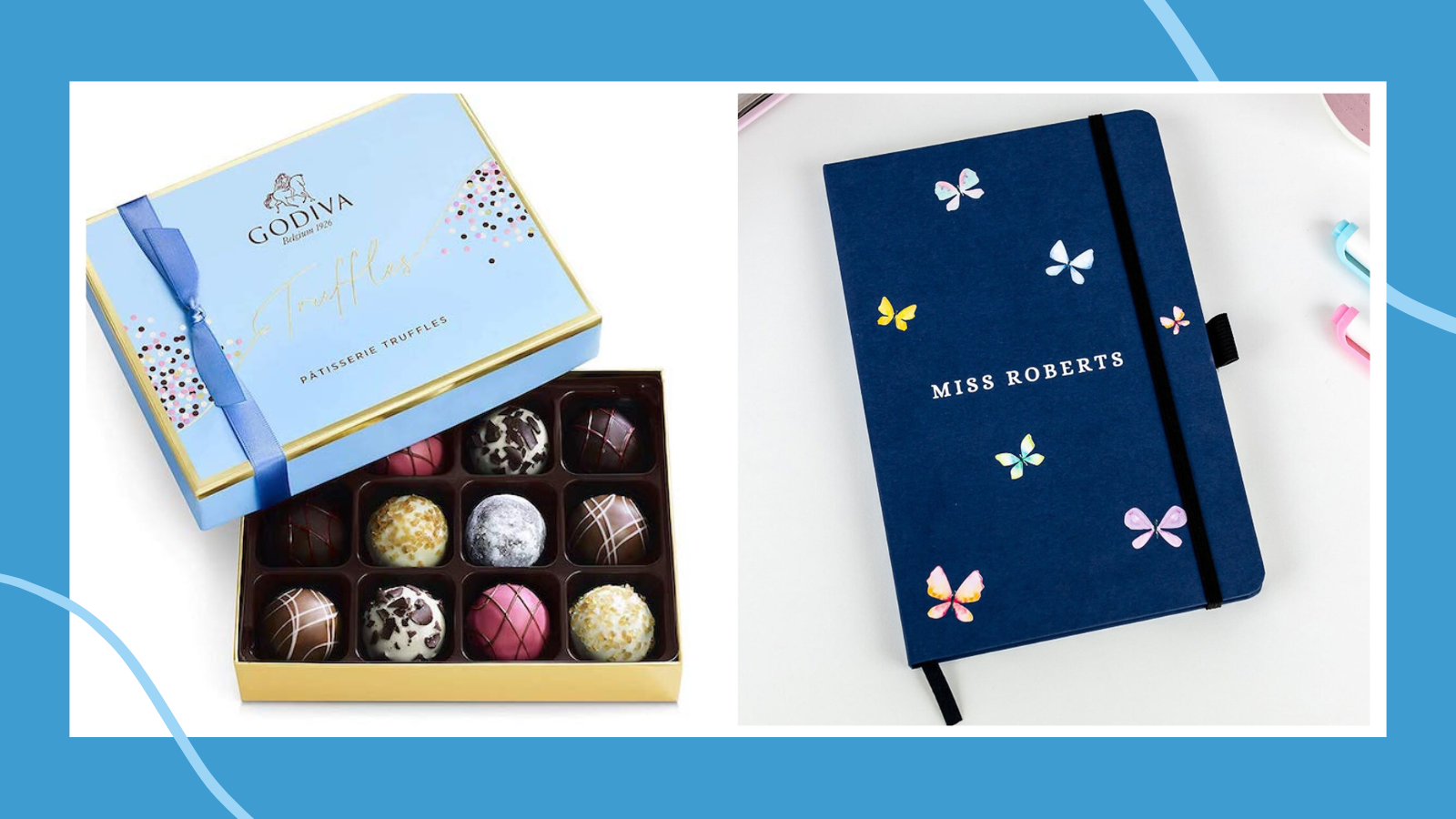 Collage of best teacher gifts, including Godiva chocolates and a personalized notebook